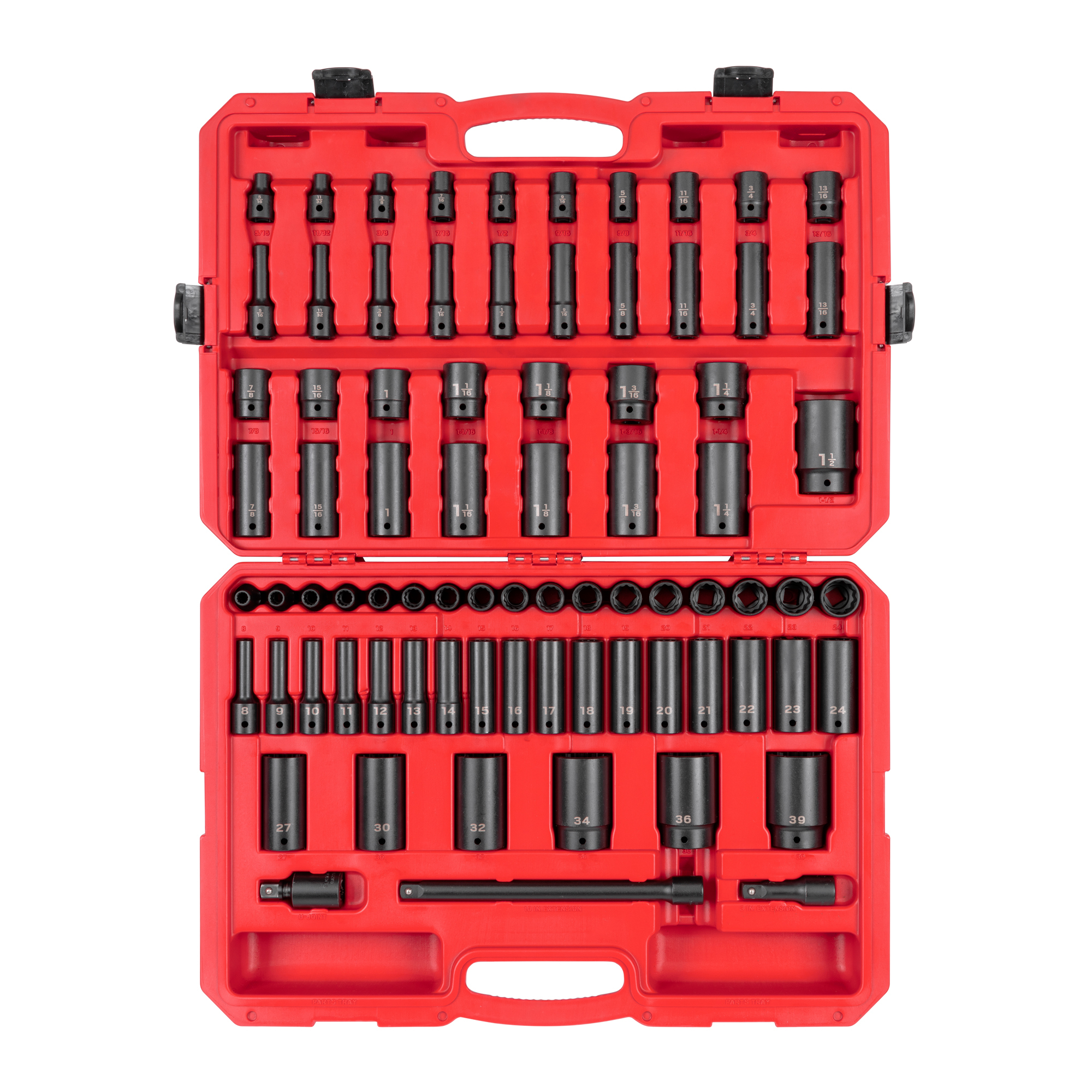TEKTON 1/2 Inch Drive Shallow and Deep 12-Point Impact Socket Set with Case, 78-Piece (5/16 - 1-1/2 in., 8-39 mm) | SID92408